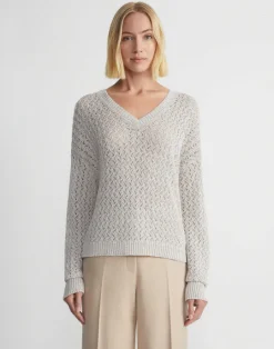 Online Lafayette 148 New York Sustainable Linen-Silk Sequin Cable V-Neck Sweater Smoked Taupe Metallic