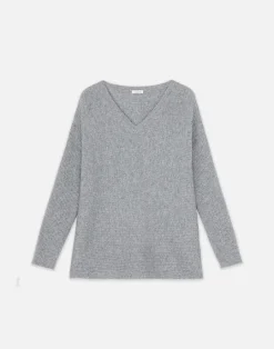 Clearance Lafayette 148 New York Wool-Cashmere Ribbed V-Neck Sweater Dune Melange