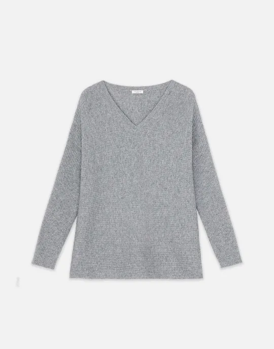Clearance Lafayette 148 New York Wool-Cashmere Ribbed V-Neck Sweater Dune Melange