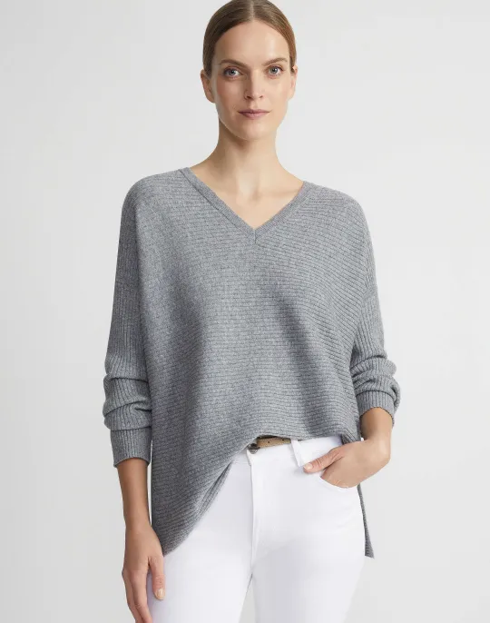 Clearance Lafayette 148 New York Wool-Cashmere Ribbed V-Neck Sweater Dune Melange