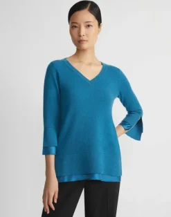 Lafayette 148 New York Wool-Cashmere Silk Trimmed Sweater Agate Teal