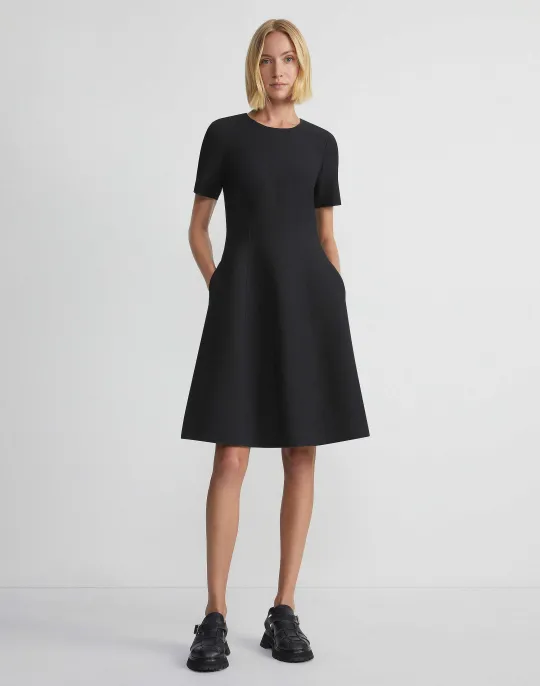 Clearance Lafayette 148 New York Wool-Silk Crepe Short Sleeve Dress Black